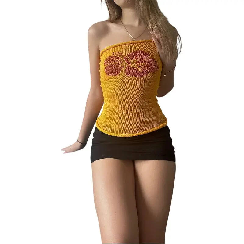 Sexy Spicy Girl Sleeveless Knitted Print Tube Top Vest Women's Fashionable Trendy Polyester Blend Fabric Decorative Design