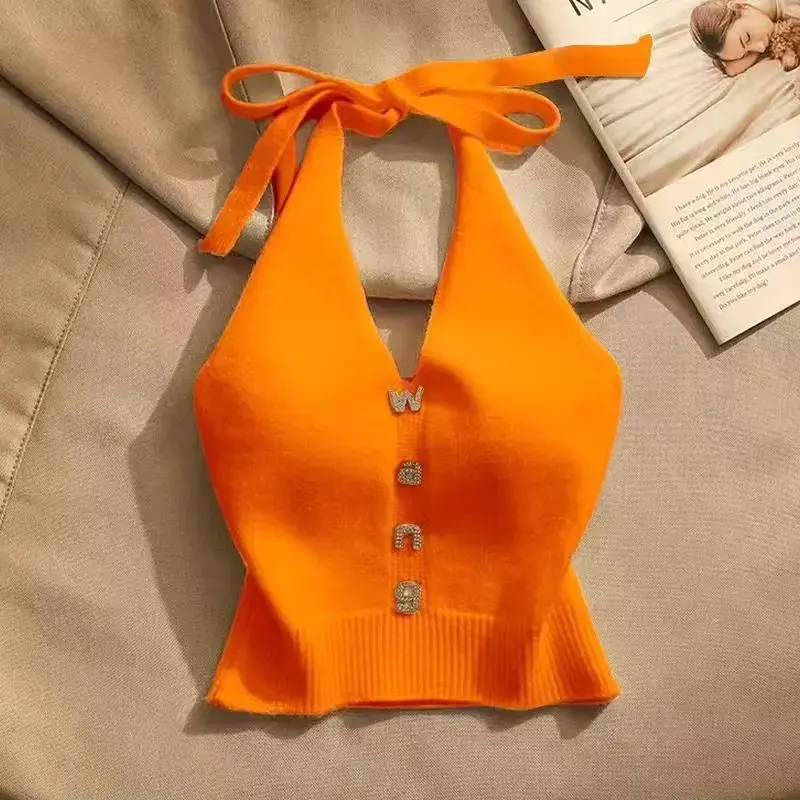 Summer Hot Sale Of The Season Design Sensual Shoulder Bared Short Crop Top Strap Vest Neck Hanging Slim Fit Outerwear Inner Wear