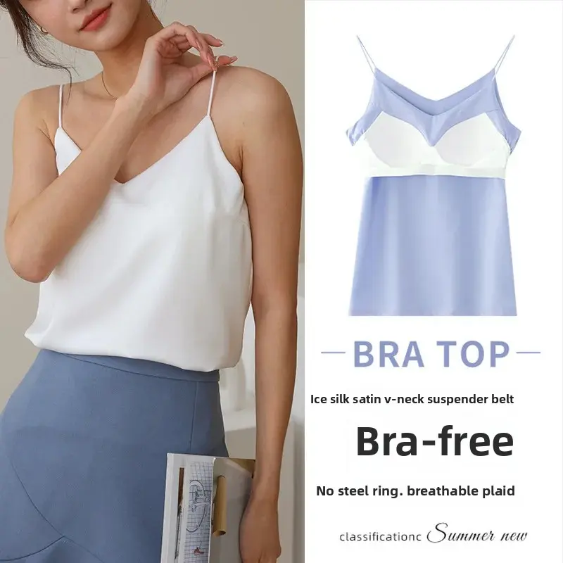 New Ice Silk Strap Vest Women's Thin Built-In Chest Pad Inner Wear Top Satin Base Layer Underwear Polyester Fiber Made in China