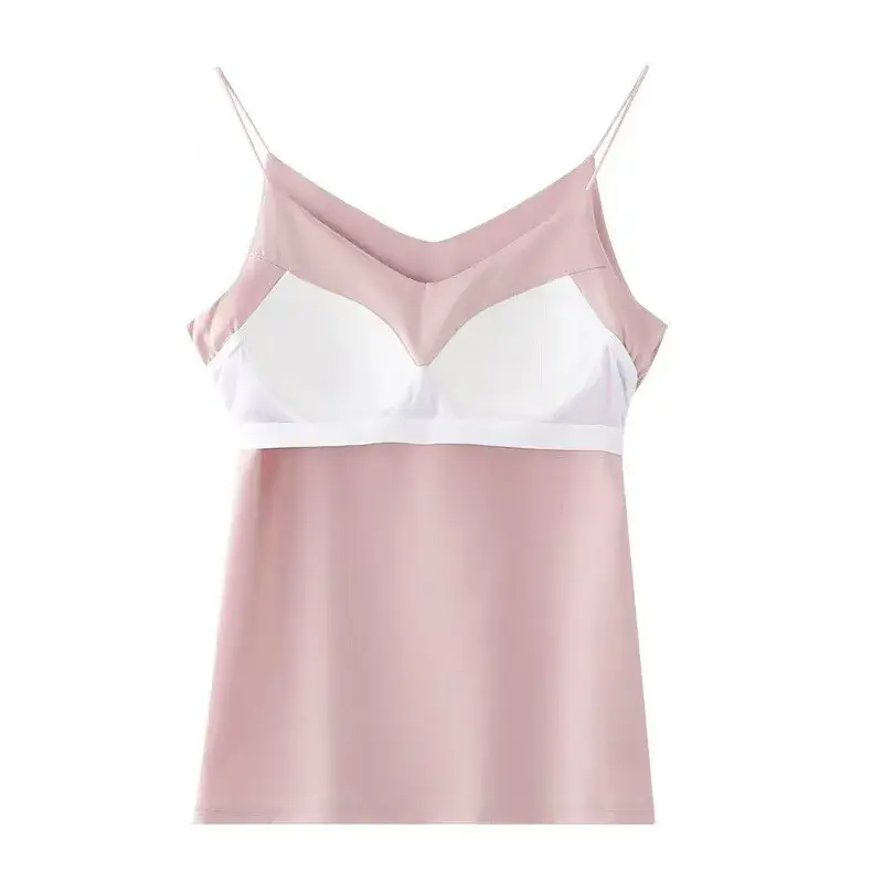 New Ice Silk Strap Vest Women's Thin Built-In Chest Pad Inner Wear Top Satin Base Layer Underwear Polyester Fiber Made in China