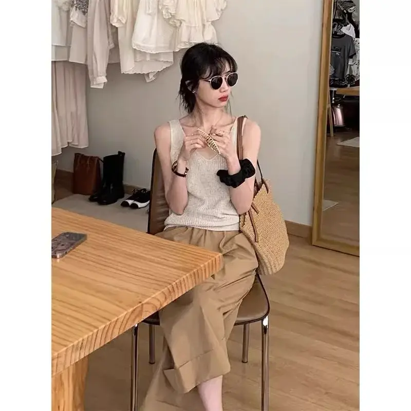 Thin Ice Silk Knitted Vest Strap Back Hollow out Design Summer Outdoor Wear Sleeveless Top for Women Polo Collar Chinese Origin