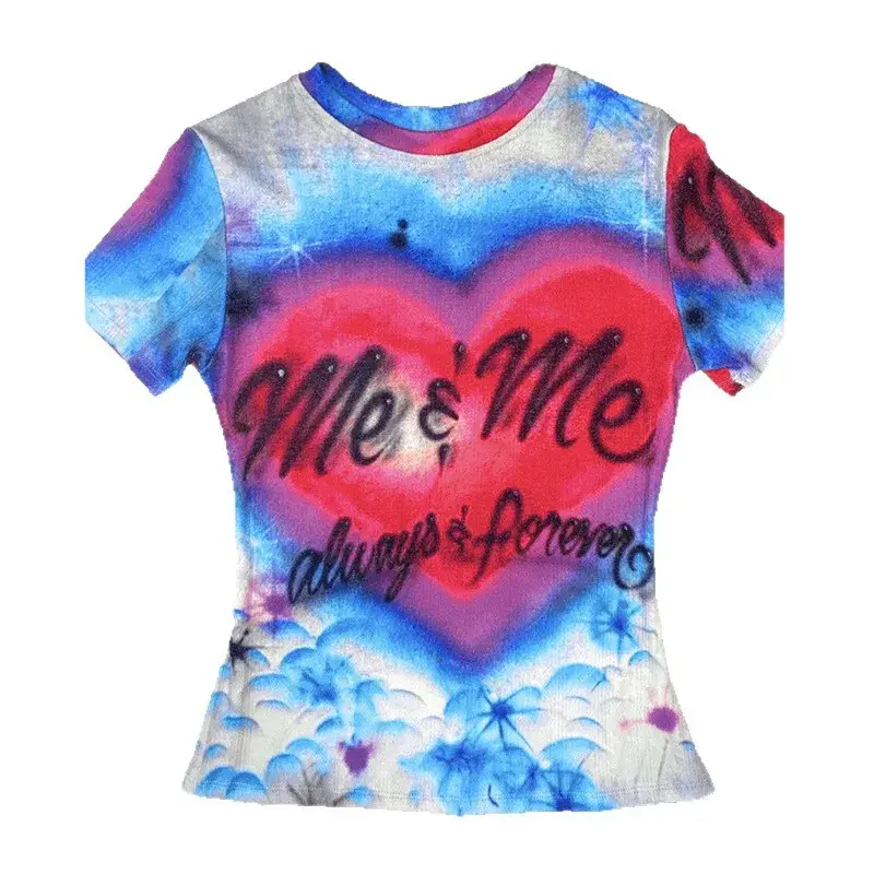 Millennium Hot Girl Hallucinogenic Heart Letter Print Short Sleeve T-Shirt Women's Fashion Summer Casual Polyester Fiber Crew Ne