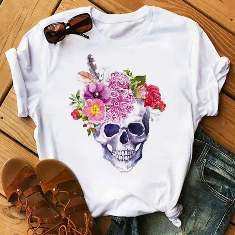 2024 New Floral Print Women's T-Shirt Short Sleeves Summer Style Crew Neck Printed Shirt Women's Top