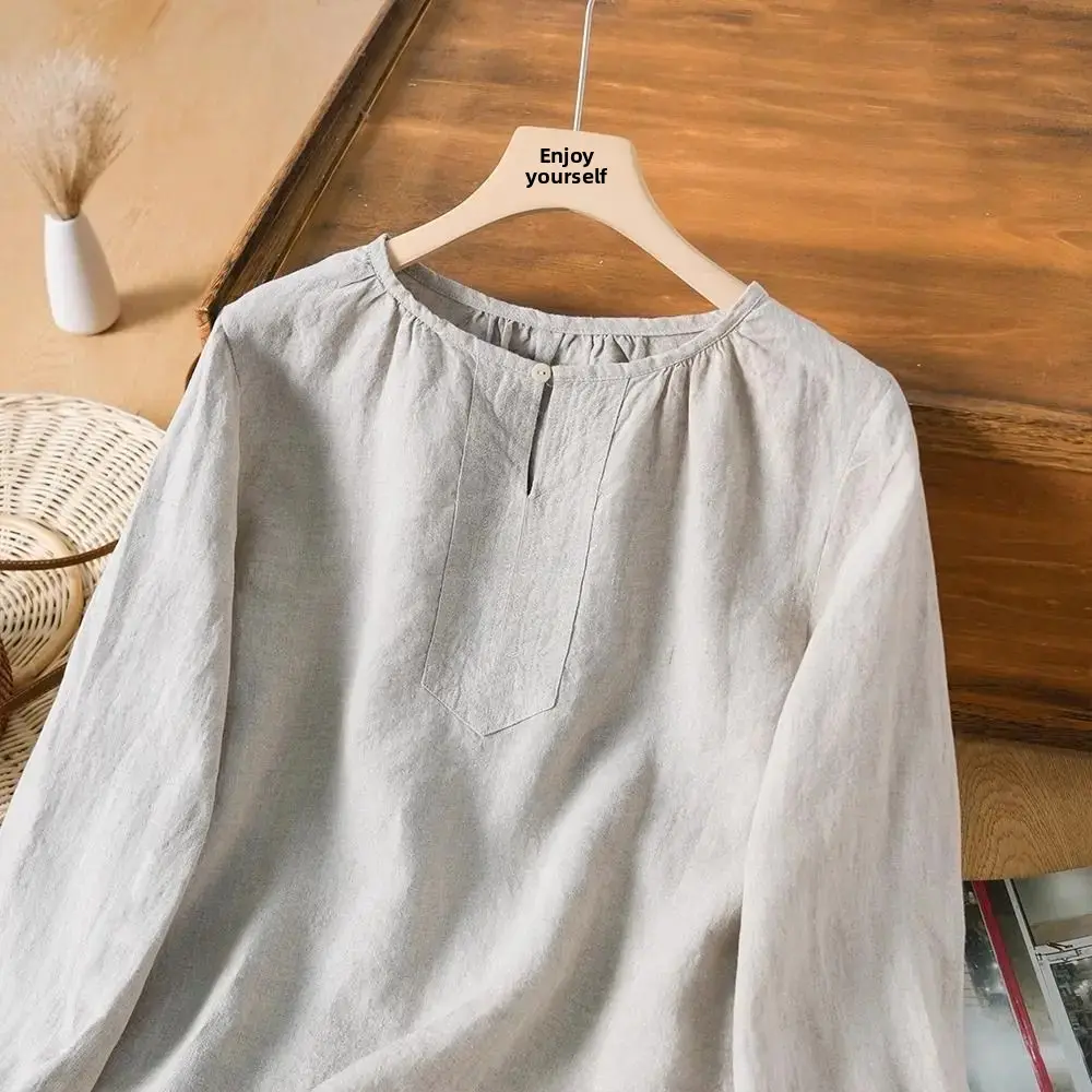 Loose Fit Cotton Linen Long Sleeve Crew Neck T-Shirt Women Summer New Style Slimming Thin Base Layer Top Large Size