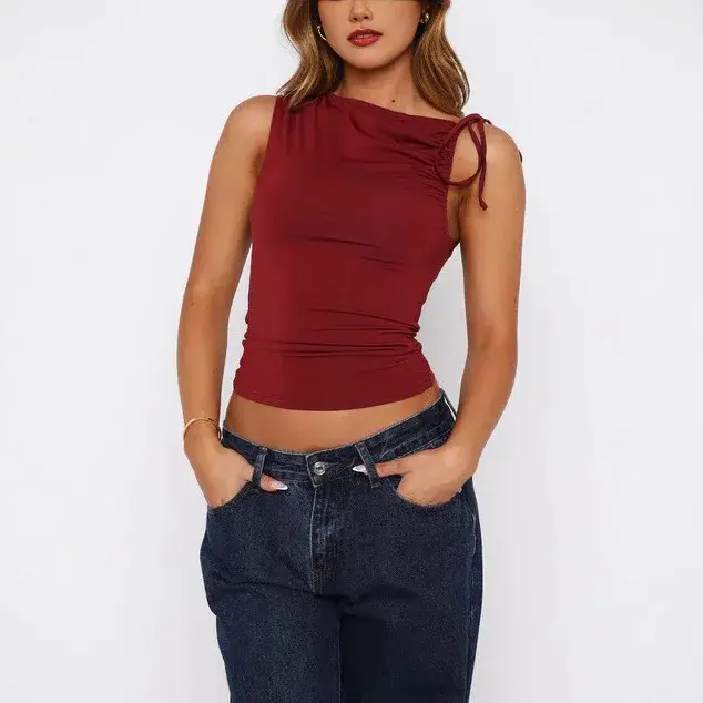 Summer Y2K Women's Cross-Border Fashion Drawstring Tie Sleeveless Pleated Belly-Baring Top One-Shoulder T-Shirt Polyester Fiber