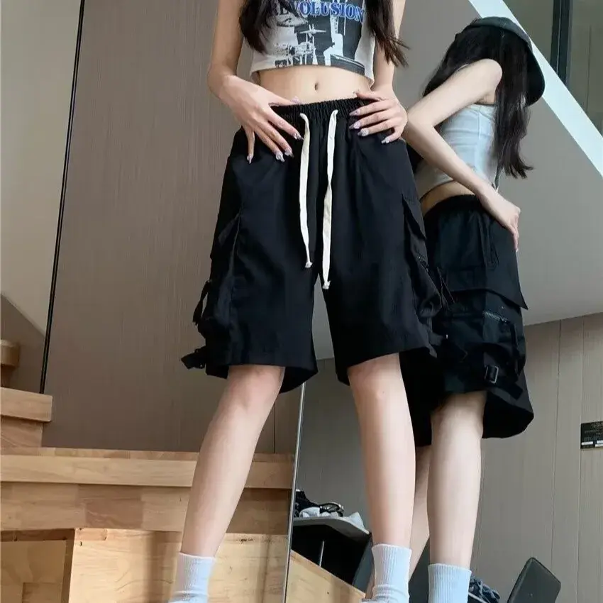 American High Street Loose Casual Women's Work Pants Summer Slimming Multi-Pocket Drawstring Five-Quarter Length Trousers