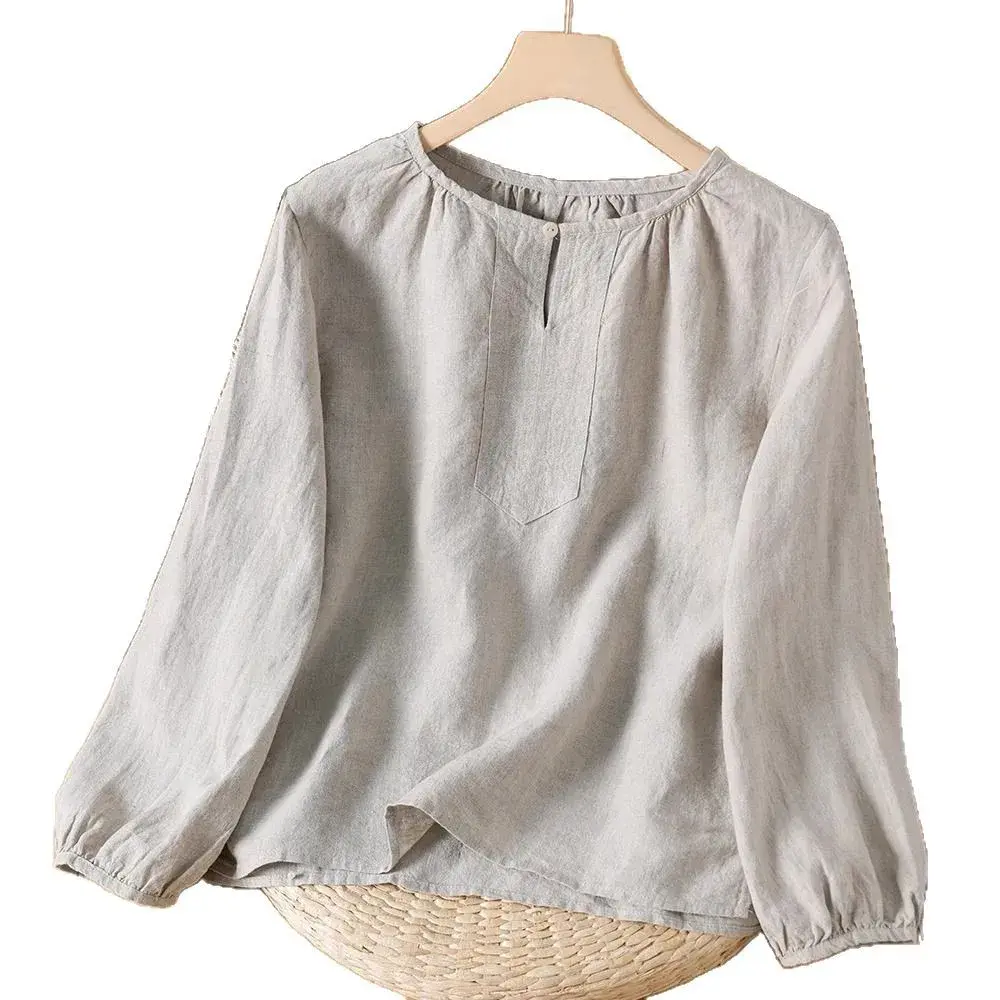 Loose Fit Cotton Linen Long Sleeve Crew Neck T-Shirt Women Summer New Style Slimming Thin Base Layer Top Large Size