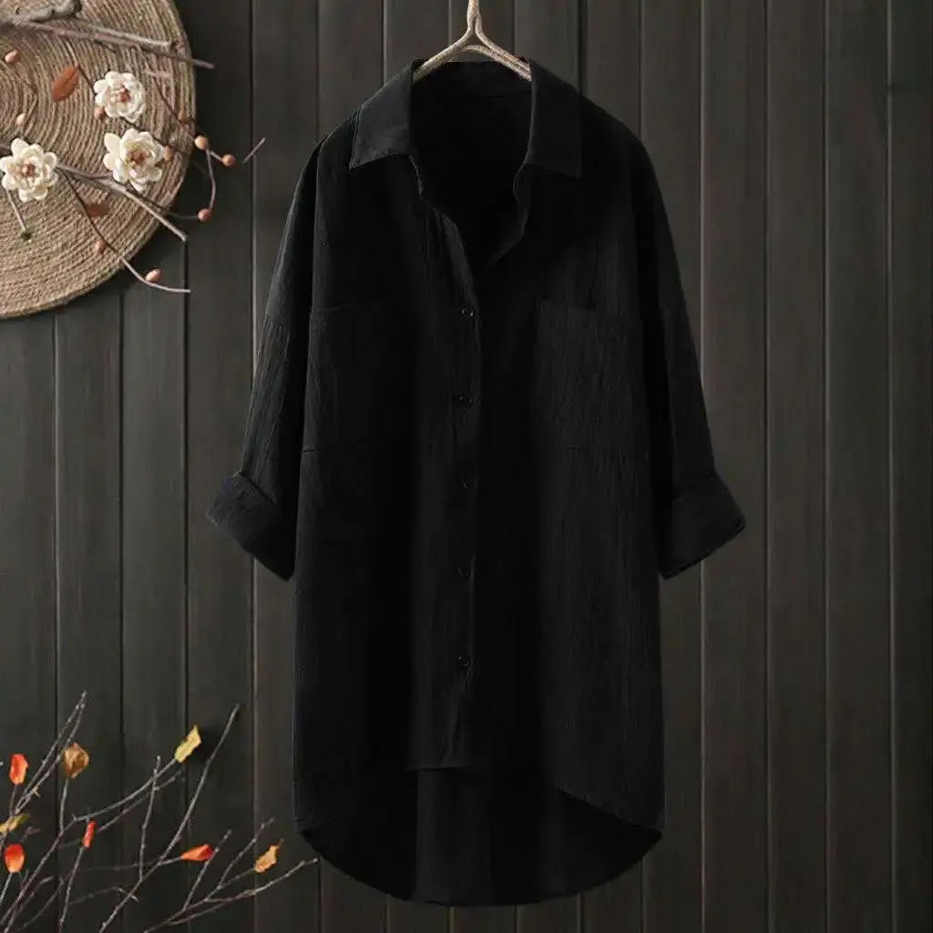New 2024 Elegant Solid Color Cotton Linen Shirt Loose Fit Spring Women's Clothing Top Shirt Women's