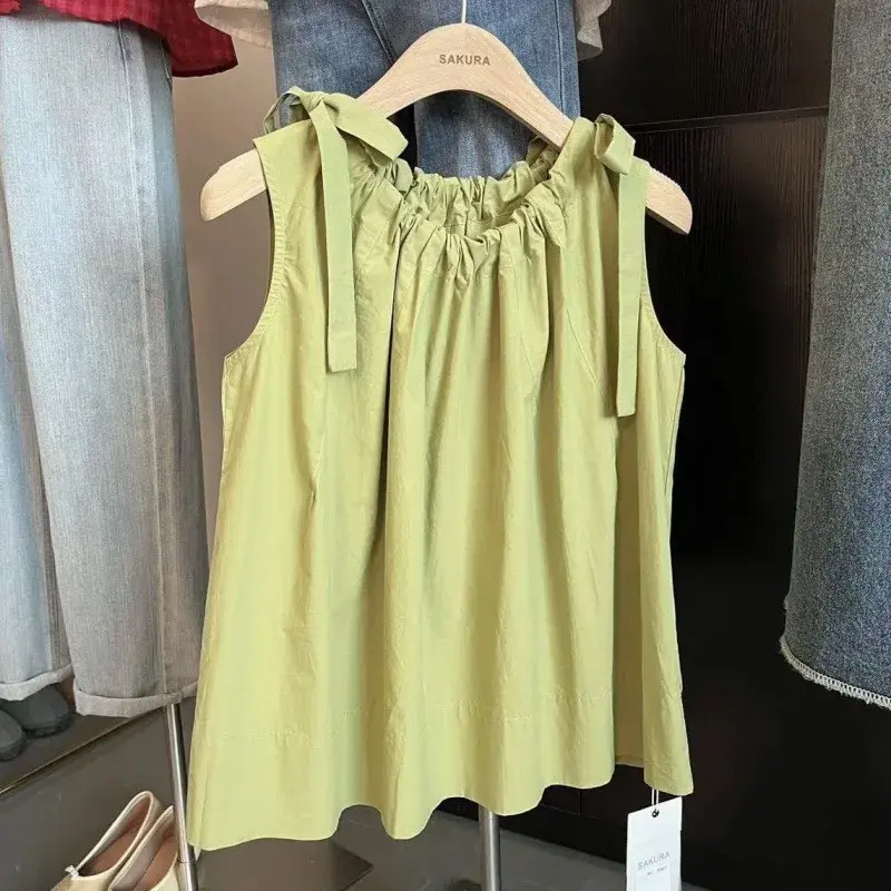 Simple Solid Color Drawstring Sleeveless Shirt Summer New Sport Design Fashionable Antiaging Versatile Small Top for Women