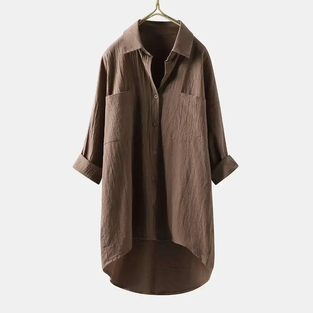 New 2024 Elegant Solid Color Cotton Linen Shirt Loose Fit Spring Women's Clothing Top Shirt Women's