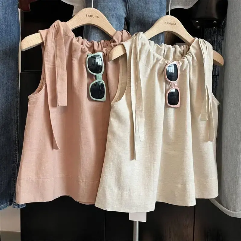 Simple Solid Color Drawstring Sleeveless Shirt Summer New Sport Design Fashionable Antiaging Versatile Small Top for Women