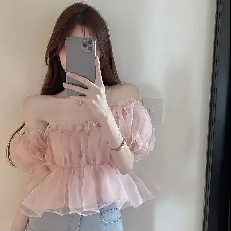 Summer Short Bubble Sleeve One Shoulder Chiffon Top Women's Fashion Design Sweet French Style Hot Girl Sweet Short Shirt