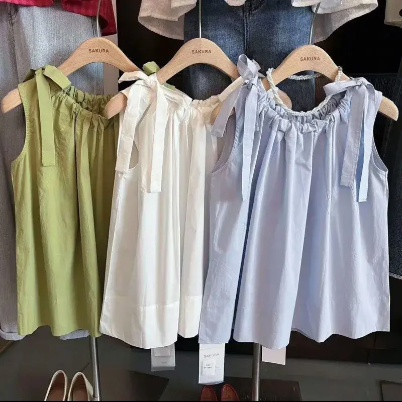 Simple Solid Color Drawstring Sleeveless Shirt Summer New Sport Design Fashionable Antiaging Versatile Small Top for Women