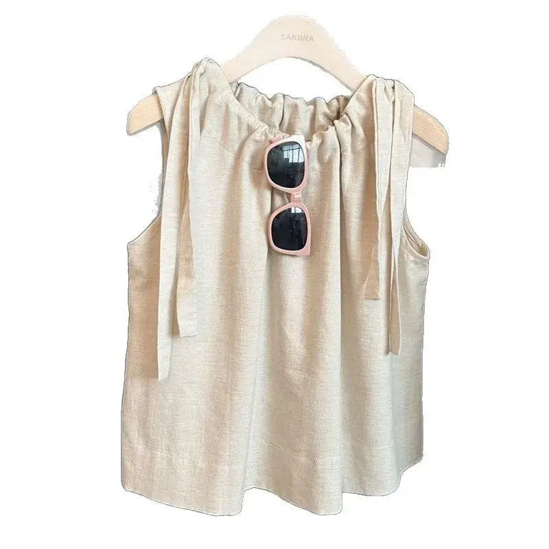 Simple Solid Color Drawstring Sleeveless Shirt Summer New Sport Design Fashionable Antiaging Versatile Small Top for Women
