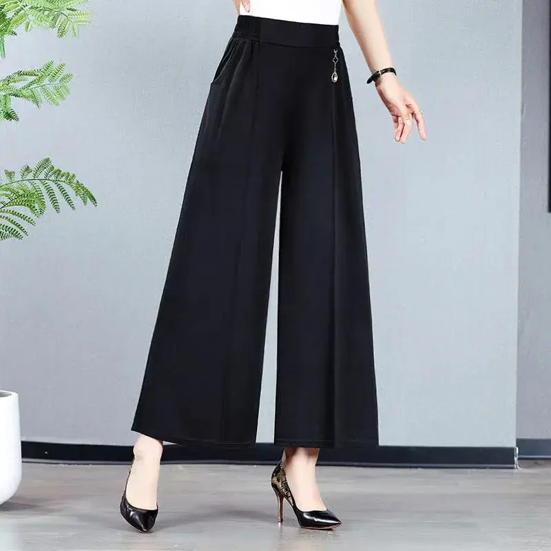 Summer Mom Wide Leg Pants Thin High Waist Skirt Pants Slimming Casual Cuffed Pants plus Size Trendy Loose Big Foot Nine Points
