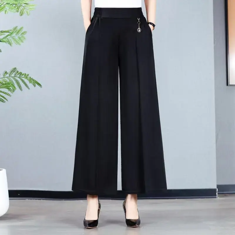 Summer Mom Wide Leg Pants Thin High Waist Skirt Pants Slimming Casual Cuffed Pants plus Size Trendy Loose Big Foot Nine Points