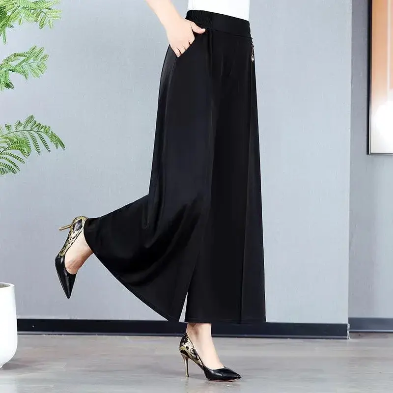 Summer Mom Wide Leg Pants Thin High Waist Skirt Pants Slimming Casual Cuffed Pants plus Size Trendy Loose Big Foot Nine Points
