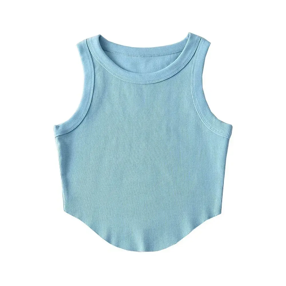 Summer New Women's Elastic Threaded Small Strap Vest Cotton Short Style American Retro Pattern Color Block Backless Design