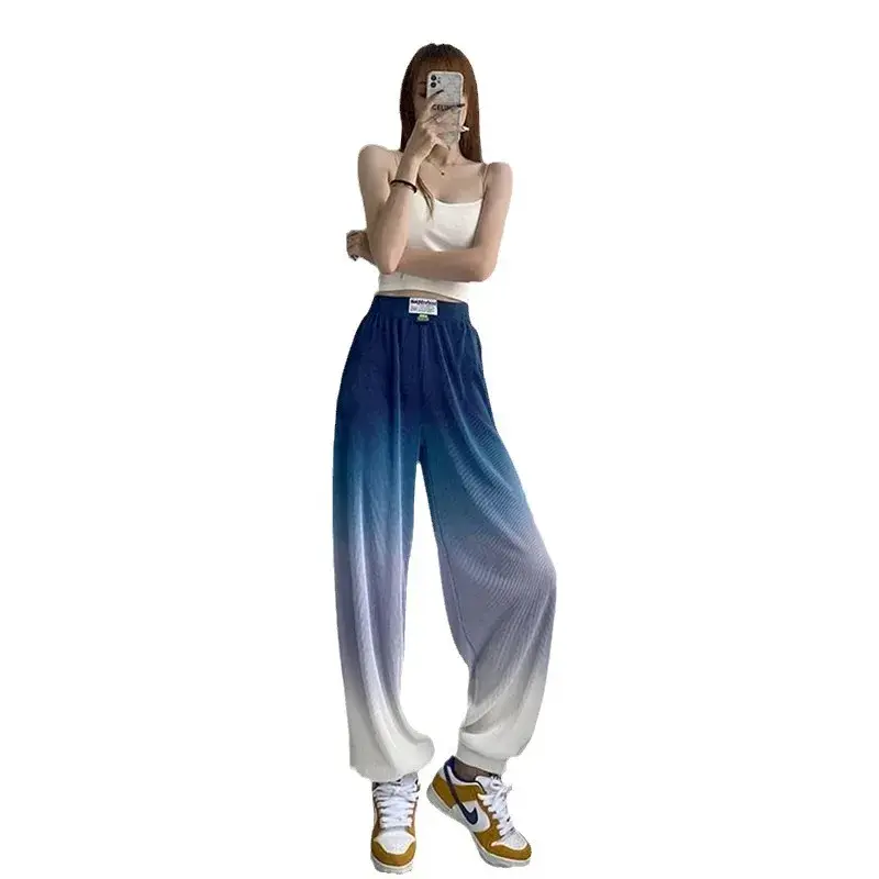 Ice Silk Thin High Waist Loose Fit Summer Gradient Color Casual Pants Women's Versatile Drapey Slimming Wide Leg Trousers