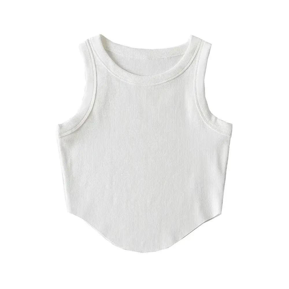 Summer New Women's Elastic Threaded Small Strap Vest Cotton Short Style American Retro Pattern Color Block Backless Design