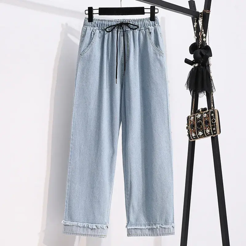 Plus Size Casual Loose Wide Leg Jeans Women's High Waist Straight Leg Pants Cuffed Loose Trousers Denim Jeans Student Fashion