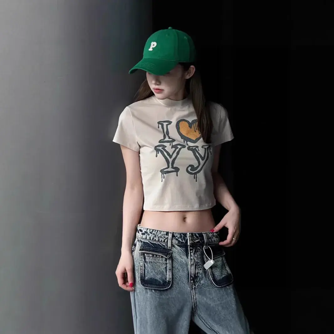 Summer Hand-Drawn Graffiti Cartoon Print Short Sleeve Slim Fit T-Shirt Women's Cotton Crew Neck Top Street Style Fashion