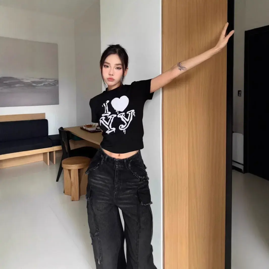 Summer Hand-Drawn Graffiti Cartoon Print Short Sleeve Slim Fit T-Shirt Women's Cotton Crew Neck Top Street Style Fashion