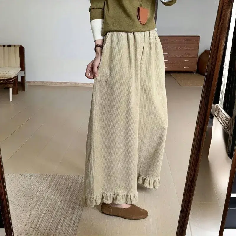 Retro Lace Wide Leg Casual Pants Women's Spring New Style Versatile High Waist Nine Points Long Pants Comfortable Fit Trousers
