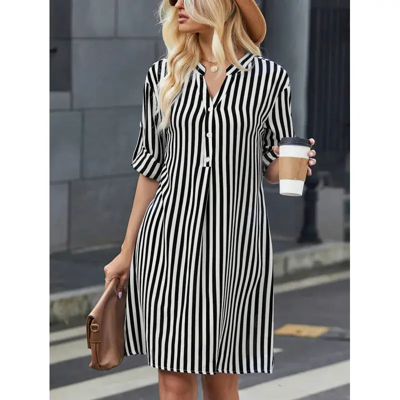 2024 Amazon Best Selling Women's Long Sleeve Striped Dress Fashionable V-Neck Shirt Autumn Season Clothing from China
