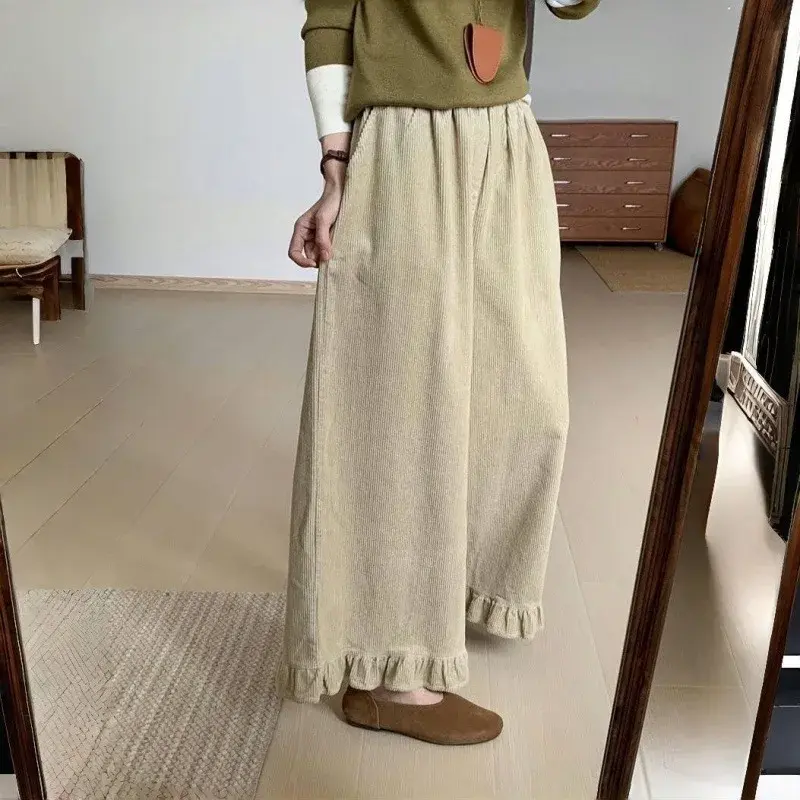 Retro Lace Wide Leg Casual Pants Women's Spring New Style Versatile High Waist Nine Points Long Pants Comfortable Fit Trousers