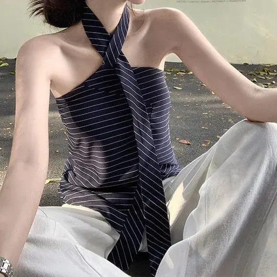 Slimming Sexy Backless Striped Crop Top Women's Pure Desire Style Hot Girl Design Hanging Neck Vest Irregular Patterned Tube Top