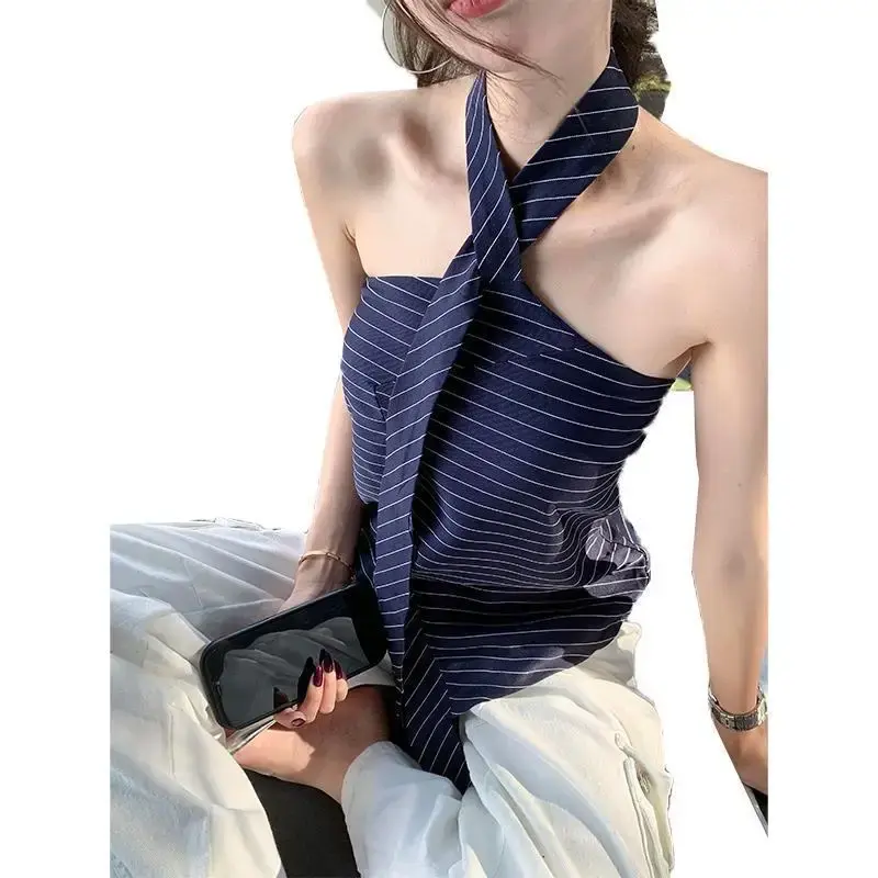 Slimming Sexy Backless Striped Crop Top Women's Pure Desire Style Hot Girl Design Hanging Neck Vest Irregular Patterned Tube Top