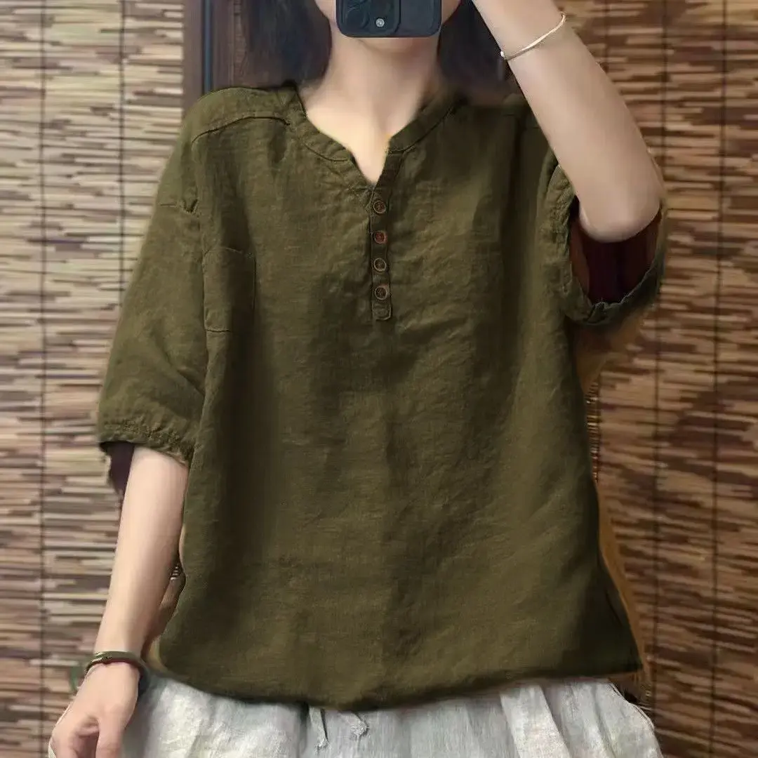 Loose Casual Women's T-shirt Pure Color Comfortable V-neck Five-quarter Sleeve New Chinese Style Spring Summer New Arrival