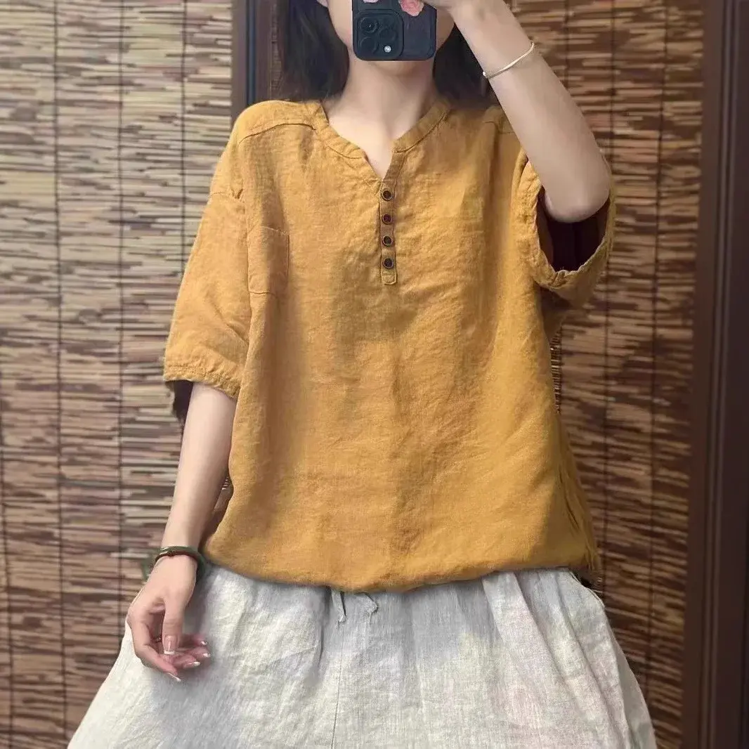 Loose Casual Women's T-shirt Pure Color Comfortable V-neck Five-quarter Sleeve New Chinese Style Spring Summer New Arrival