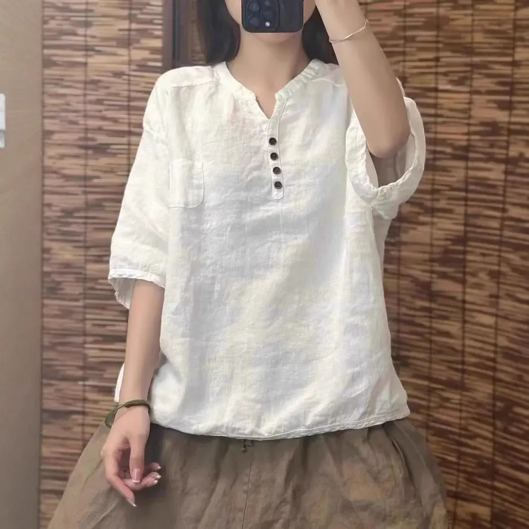 Loose Casual Women's T-shirt Pure Color Comfortable V-neck Five-quarter Sleeve New Chinese Style Spring Summer New Arrival