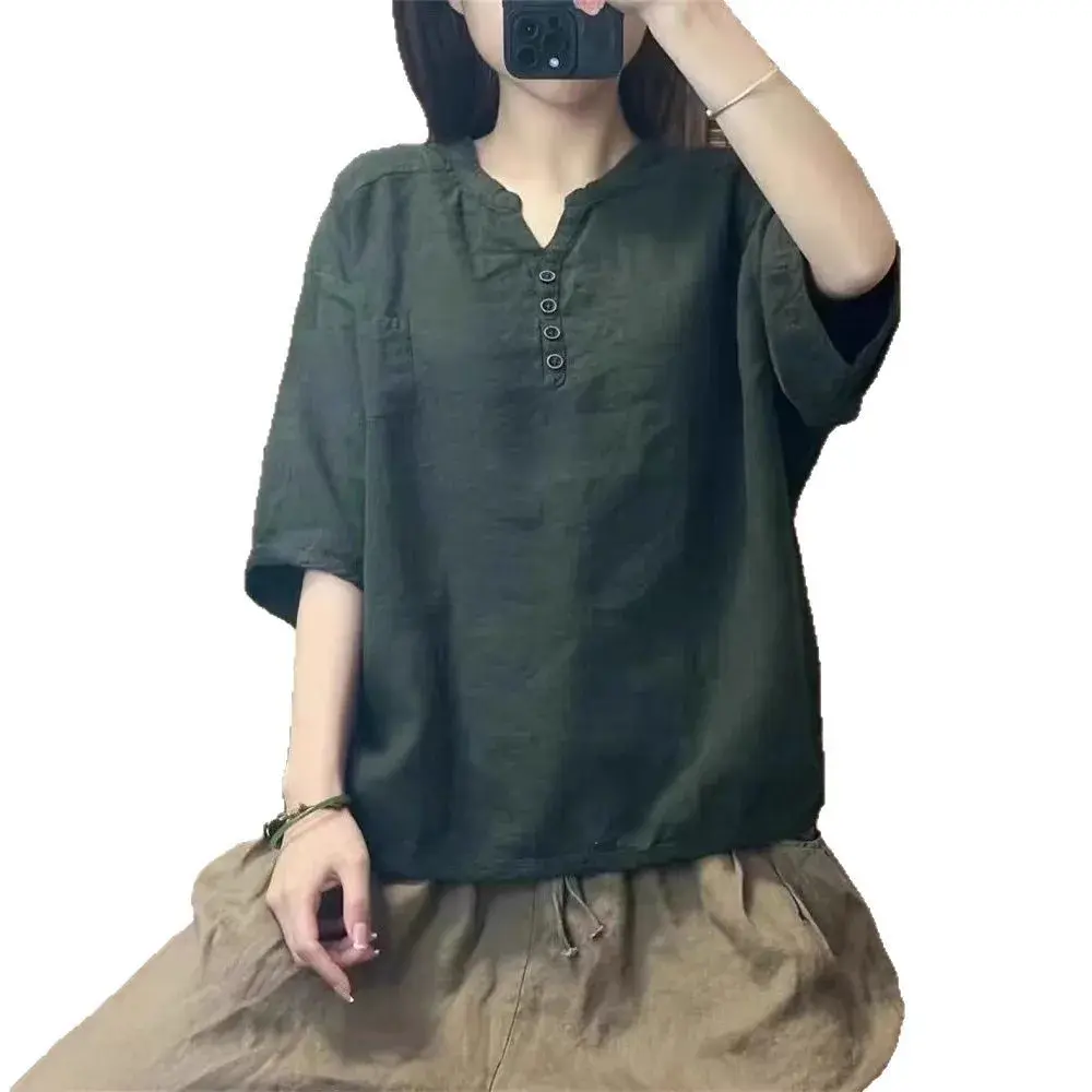 Loose Casual Women's T-shirt Pure Color Comfortable V-neck Five-quarter Sleeve New Chinese Style Spring Summer New Arrival