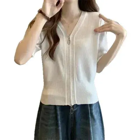 Plus Size Women's Short Sleeve T-Shirt Slimming Belly Covering V-Neck Knitted Summer Half Sleeve Open Cardigan New Style