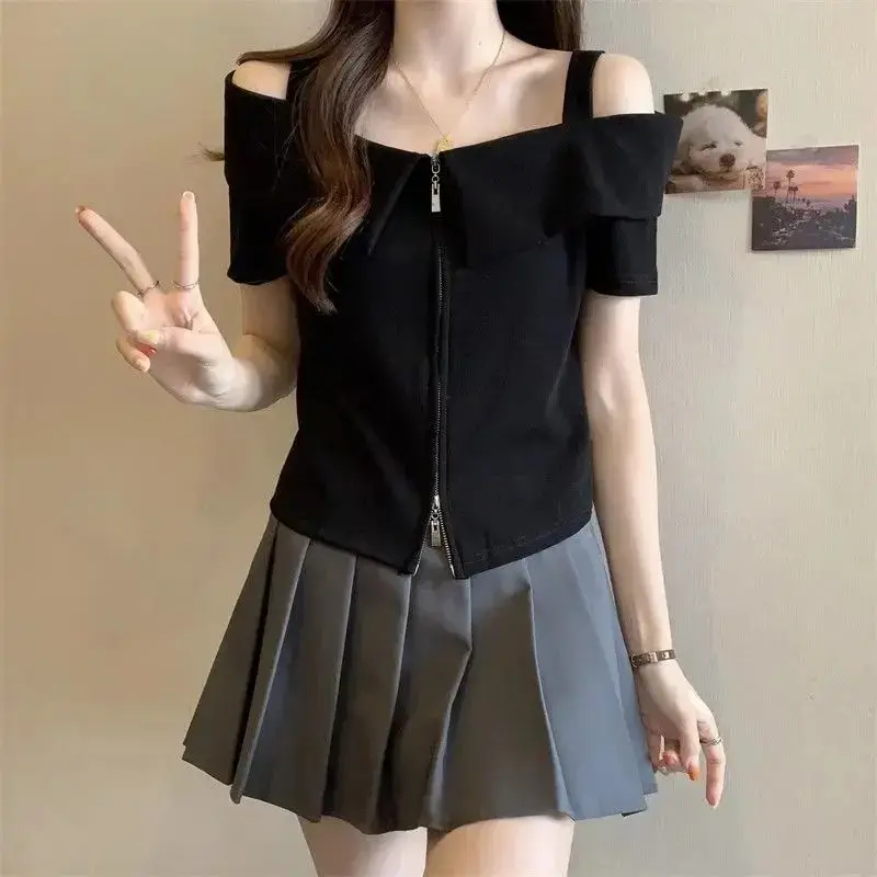 Plus Size Women's T-Shirt Double Zipper Short Shoulder Slimming Belly Cover Summer Fashion Bottoming Shirt Casual Wear