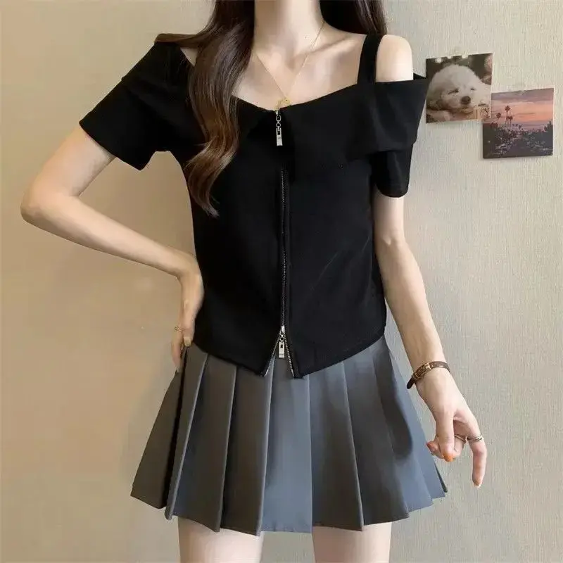 Plus Size Women's T-Shirt Double Zipper Short Shoulder Slimming Belly Cover Summer Fashion Bottoming Shirt Casual Wear