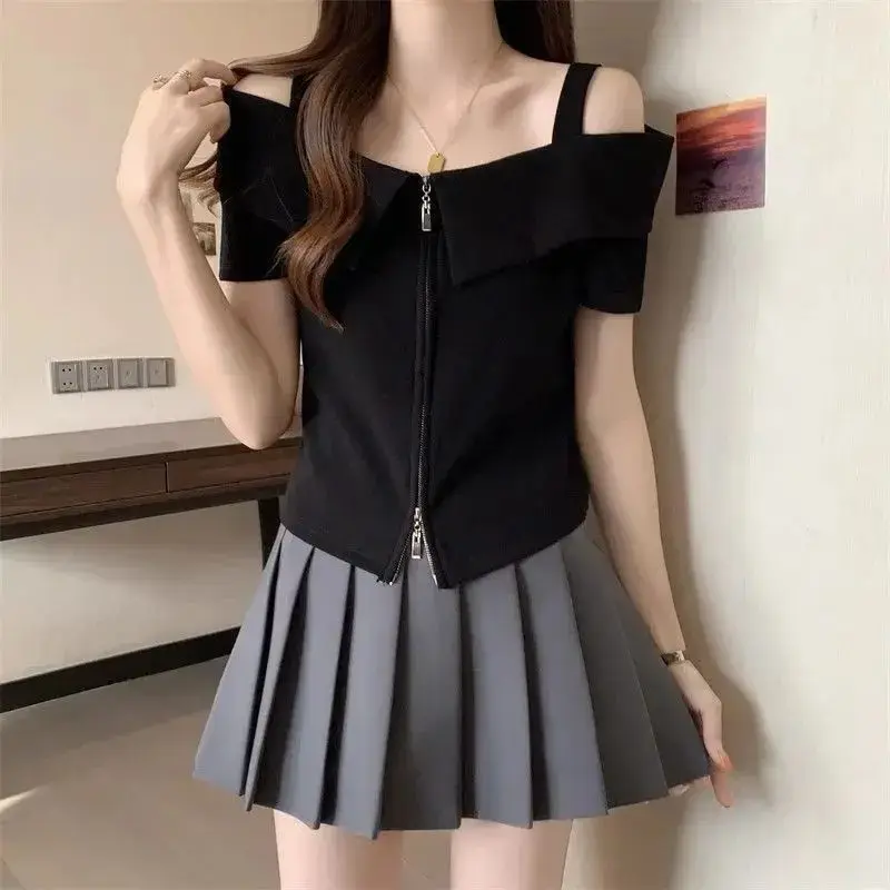 Plus Size Women's T-Shirt Double Zipper Short Shoulder Slimming Belly Cover Summer Fashion Bottoming Shirt Casual Wear