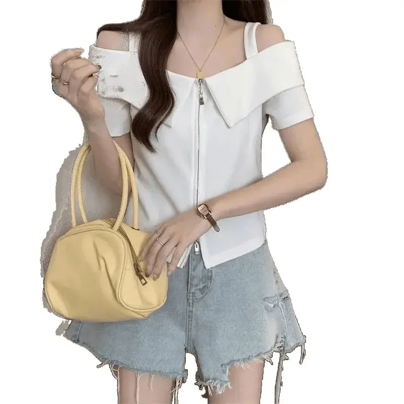 Plus Size Women's T-Shirt Double Zipper Short Shoulder Slimming Belly Cover Summer Fashion Bottoming Shirt Casual Wear
