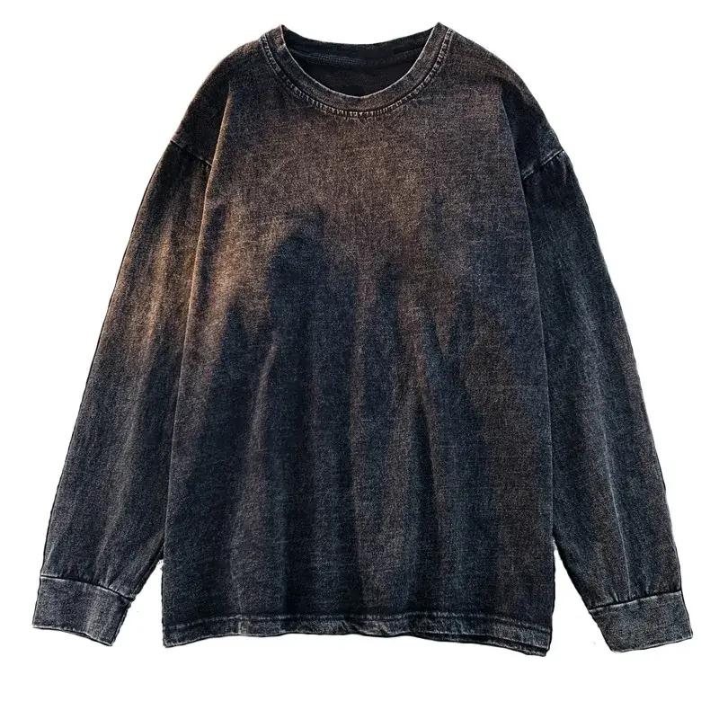 Plus Size Loose Long Sleeve T-Shirt Large Size 230g Washed Pure Cotton Retro Back Pack Collar Vintage Style Women's Fashion Top