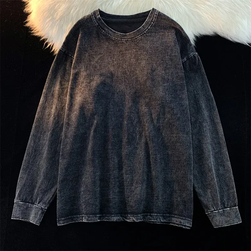 Plus Size Loose Long Sleeve T-Shirt Large Size 230g Washed Pure Cotton Retro Back Pack Collar Vintage Style Women's Fashion Top