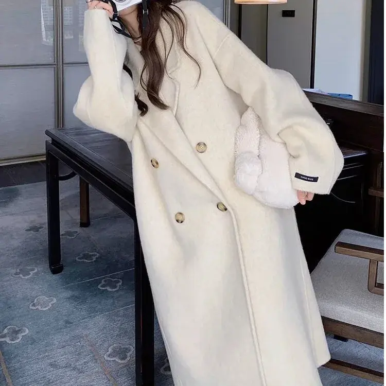 Plus Size Elegant Woolen Coat Women's Autumn Winter Korean Style Hepburn Long Over-Knee Outerwear Mid-Length Fashionable Ladi...