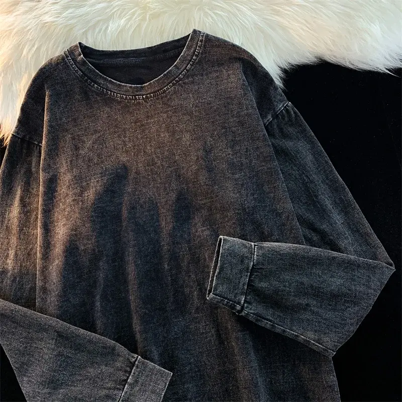 Plus Size Loose Long Sleeve T-Shirt Large Size 230g Washed Pure Cotton Retro Back Pack Collar Vintage Style Women's Fashion Top