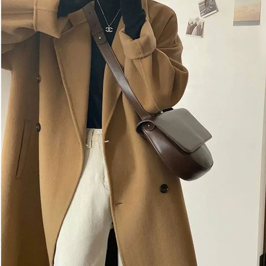 Plus Size Elegant Woolen Coat Women's Autumn Winter Korean Style Hepburn Long Over-Knee Outerwear Mid-Length Fashionable Ladi...