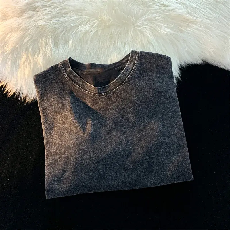 Plus Size Loose Long Sleeve T-Shirt Large Size 230g Washed Pure Cotton Retro Back Pack Collar Vintage Style Women's Fashion Top