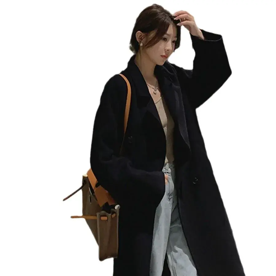 Plus Size Elegant Woolen Coat Women's Autumn Winter Korean Style Hepburn Long Over-Knee Outerwear Mid-Length Fashionable Ladi...