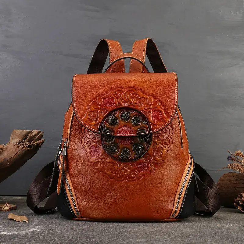 2024 New High-End Feeling Niche Student Backpack Artistic National Style Double Shoulder Bag Genuine Leather For Men And Women