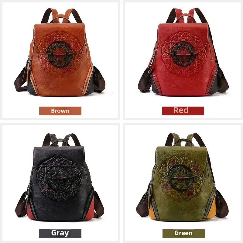 2024 New High-End Feeling Niche Student Backpack Artistic National Style Double Shoulder Bag Genuine Leather For Men And Women